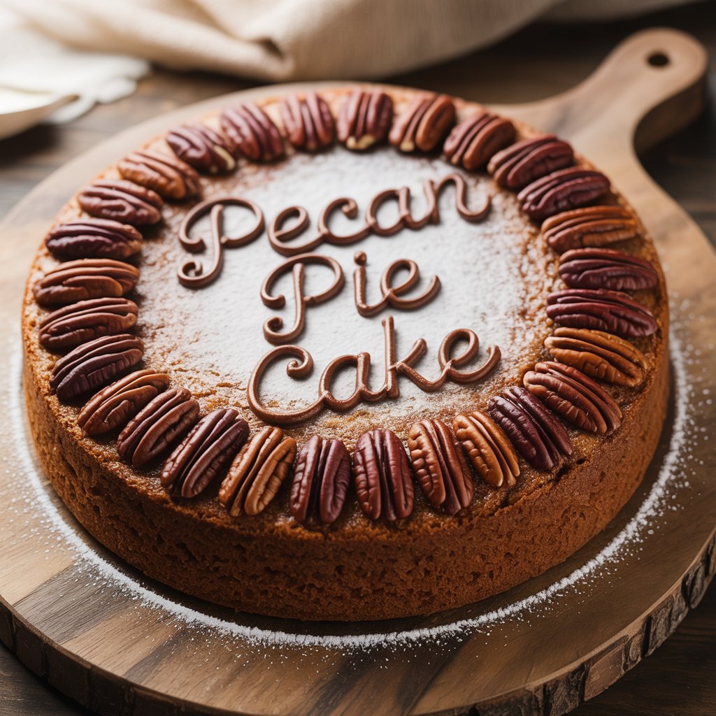 Pecan Pie Cake in a wooden tray